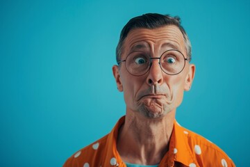 The man makes a funny face. Funny funny portrait of a man on a blue background - obrazy, fototapety, plakaty