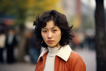 Fototapeten Young woman serious face on city street in 1970s © blvdone