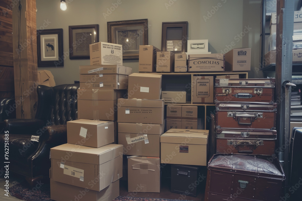 Poster a stack of moving boxes in the corner of a room, each one labeled with its contents.