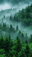 Pine tree forest in the mountain mist