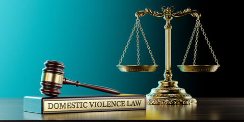 Domestic violence law: Judge's Gavel as a symbol of legal system, Scales of justice and wooden stand with text word - obrazy, fototapety, plakaty