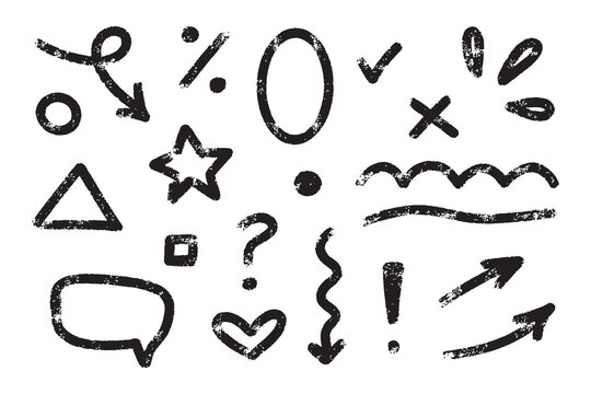 Doodle simple vector element set. Hand drawn crayon star, arrows, heart, wave. Grunge texture brush modern effect isolated on white background.