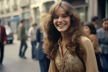 Fototapeten Young woman smiling on city street in 1970s © blvdone