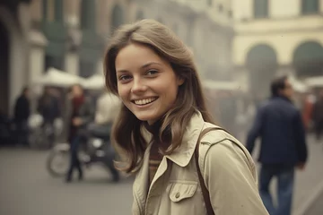 Foto op Canvas Young woman smiling on city street in 1970s © blvdone