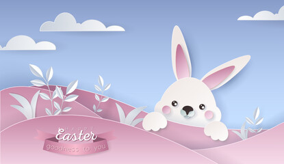 Happy Easter day wallpaper or banner with papercut elements. Beautiful paper cut eastern objects. Vector illustration for sale, product display, easter festival design, presentation, greeting card.