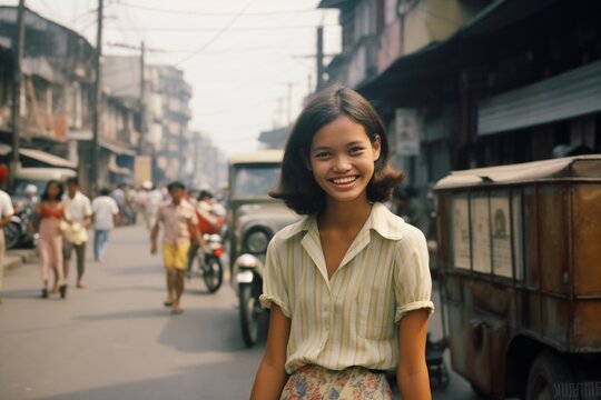 Young woman smiling on city street in 1970s