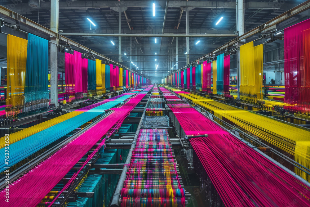 Poster a textile factory filled with rows of looms. workers monitor the machines as they weave colorful thr