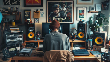  Music Producer at Workstation, Modern Home Studio, Creative Process in Action - obrazy, fototapety, plakaty