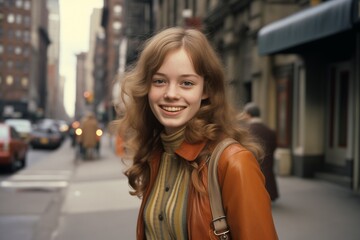 Fototapeta premium Young woman smiling on city street in 1970s