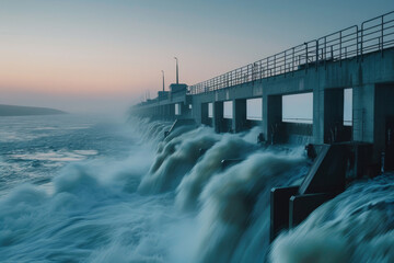 A tidal power station under the soft glow of the setting sun, the moving water symbolizing the generation of renewable energy - obrazy, fototapety, plakaty