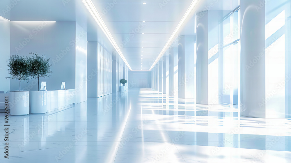 Poster modern corridor with sleek architecture, brightly lit hallway, and futuristic design elements, empha