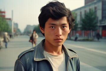 Young Asian man serious face on a city street in 1970s
