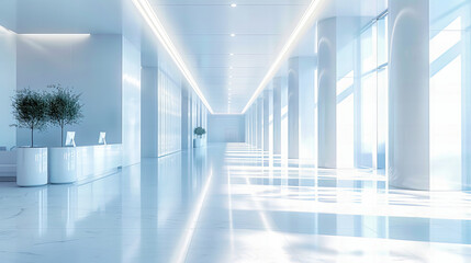 Modern Corridor with Sleek Architecture, Brightly Lit Hallway, and Futuristic Design Elements, Emphasizing Clean Lines and Open Space