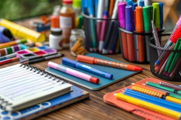 Naklejka premium School supplies with pen with markers on notebooks with tools on wooden desk. Front view. Horizontal composition.