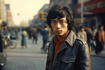 Fotobehang Young Asian man serious face on a city street © blvdone