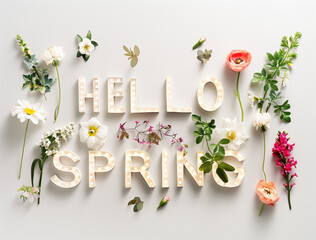Creative layout made with colorful various flowers. Minimal inscription Hello spring background concept.Suitable for advertising all kinds related to spring.Copy space,top view,flat lay