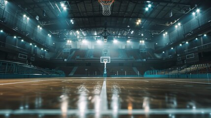 large basketball court with stands and lights on - Powered by Adobe