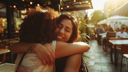 beautiful women giving each other a greeting hug in a restaurant or cafe - obrazy, fototapety, plakaty