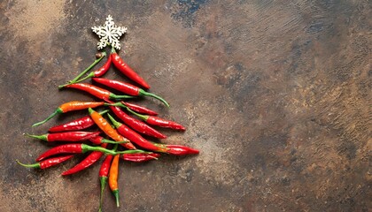 chili pepper pods in the shape of a christmas tree on a brown rustic background abstract christmas tree top view flat lay copy space