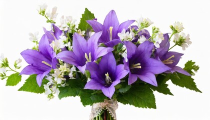 purple campanula flowers in a floral arrangement isolated on white or transparent background - obrazy, fototapety, plakaty