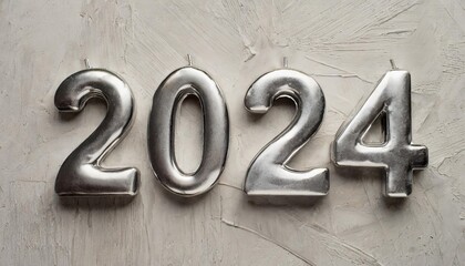 the numeral of the year 2024 is silver on a light white background - obrazy, fototapety, plakaty