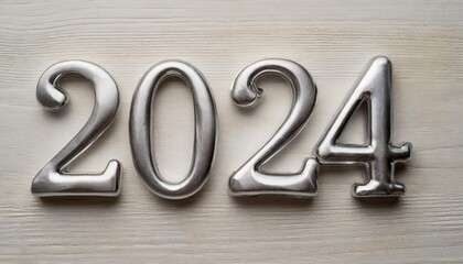 the numeral of the year 2024 is silver on a light white background - obrazy, fototapety, plakaty