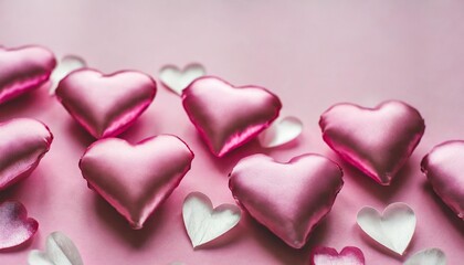 Obraz premium beautiful silk pink hearts on a pink background holiday concept valentine day plase for text flat lay