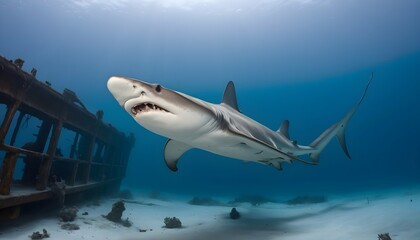 A Hammerhead Shark Swimming Past A Shipwreck Upscaled 9 - obrazy, fototapety, plakaty