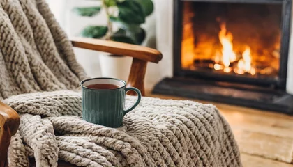 Poster mug with hot tea standing on a chair with woolen blanket in a cozy living room with fireplace © Patti