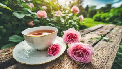 Plexiglas foto achterwand cup of tea and pink roses flowers in the garden copy space illustration © Patti