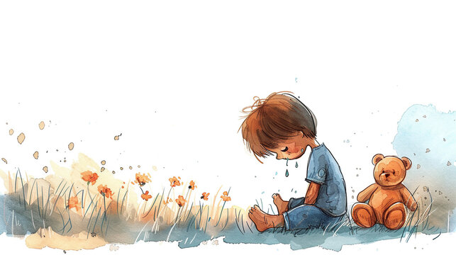 International Missing Children's Day. Forget me not flowers. Lost sad boy weeping , Scared child cannot find his way home. He's cold, hungry and alone.