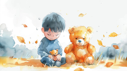 international missing children's day, 25 may, Vector Illustration. a sad lost boy with his teddy bear isolated on white background, Flat Style Design.