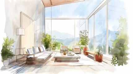 Sketch Interior. Modern Living Room with Large Windows and Mountain View. Bright and Airy Interior Design with Plants