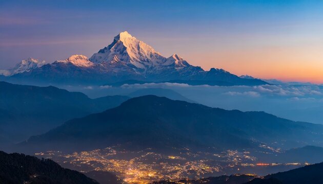 kanchenjunga range peak after sunset with darjeeling town