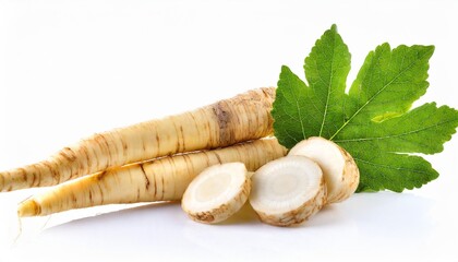 horseradish root with leaf on white background