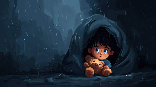 international Missing Children’s Day may 25, a scared crying boy kidnapped , holding his teddy bear