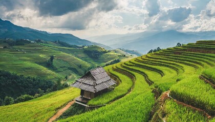 top view of terrace rice field with old hut at countryside in mu cang chai near sapa city