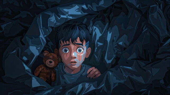 international Missing Children’s Day may 25, a scared crying boy kidnapped , holding his teddy bear