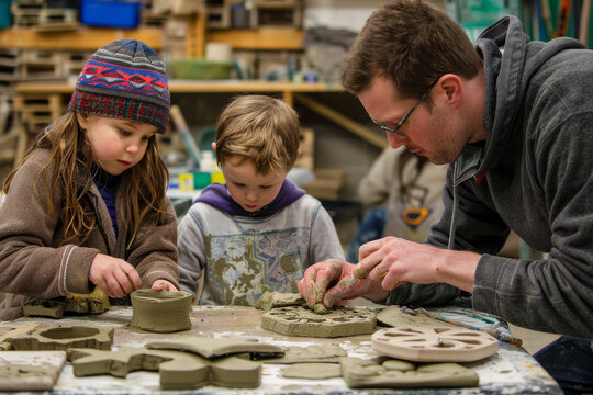 A young family is buying a trivet at a pottery class. They are learning how to make their own pottery with the help of an instructor.