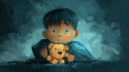 international Missing Children’s Day may 25, a scared crying boy kidnapped , holding his teddy bear, Poster, banner, card, background, template.