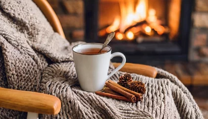 Foto op Aluminium mug with hot tea standing on a chair with woolen blanket in a cozy living room with fireplace © Patti