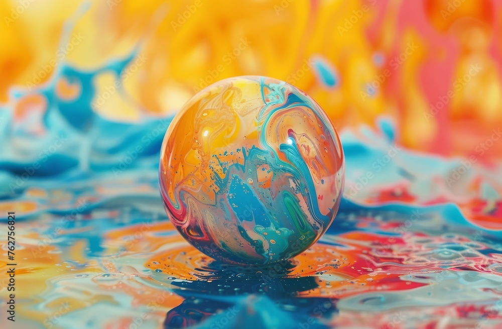 Wall mural a marble ball sitting on top of a table covered in blue, yellow, red, and orange fluid paint.