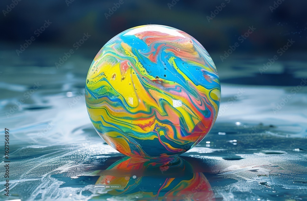 Canvas Prints a colorful painted egg sitting on top of a body of water with a reflection of its body in the water. - Canvas Prints