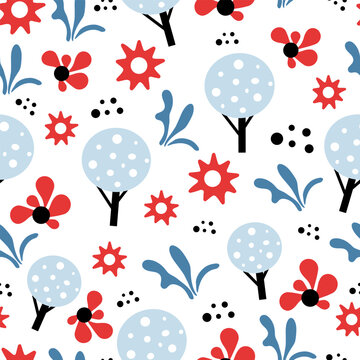 Seamless pattern with flowers and trees on a white background