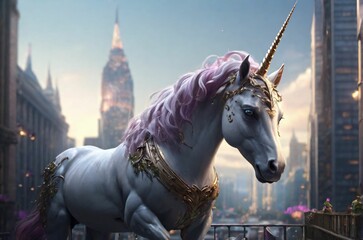 A beautiful graceful unicorn with a golden horn on a city street