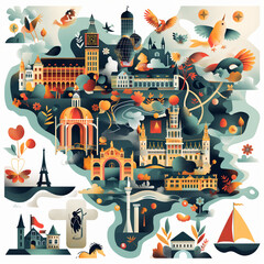 Colorful Illustration of European Landmarks, Whimsical Travel Concept Art