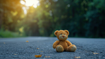 International missing Children day, 25 may, Lost teddy bear toy lying on park road in gloomy day, Lonely and sad brown bear ,  Lost toy or Loneliness concept
