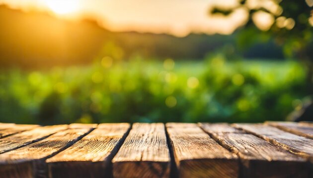 wooden table with blurred background of evening light or sunset warm and cozy