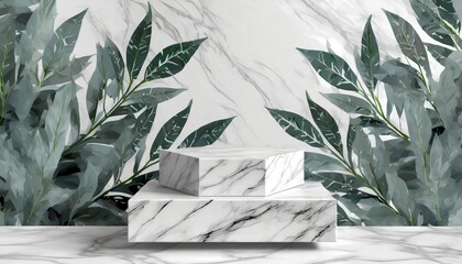 white marble box podium with leaves in white background