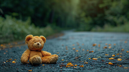 International missing Children day, 25 may, Lost teddy bear toy lying on park road in gloomy day,...
